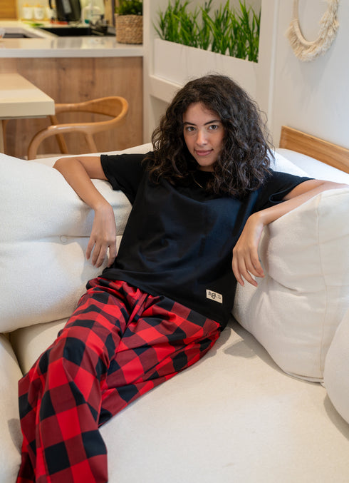 Women summer pajama set Black T-shirt + Red X Black Checkered Pants